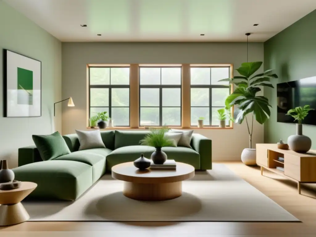 Sala minimalista con Feng Shui: equilibrio y serenidad Salón minimalista con organización del hogar con Feng Shui, muebles bajos, colores neutros y plantas verdes