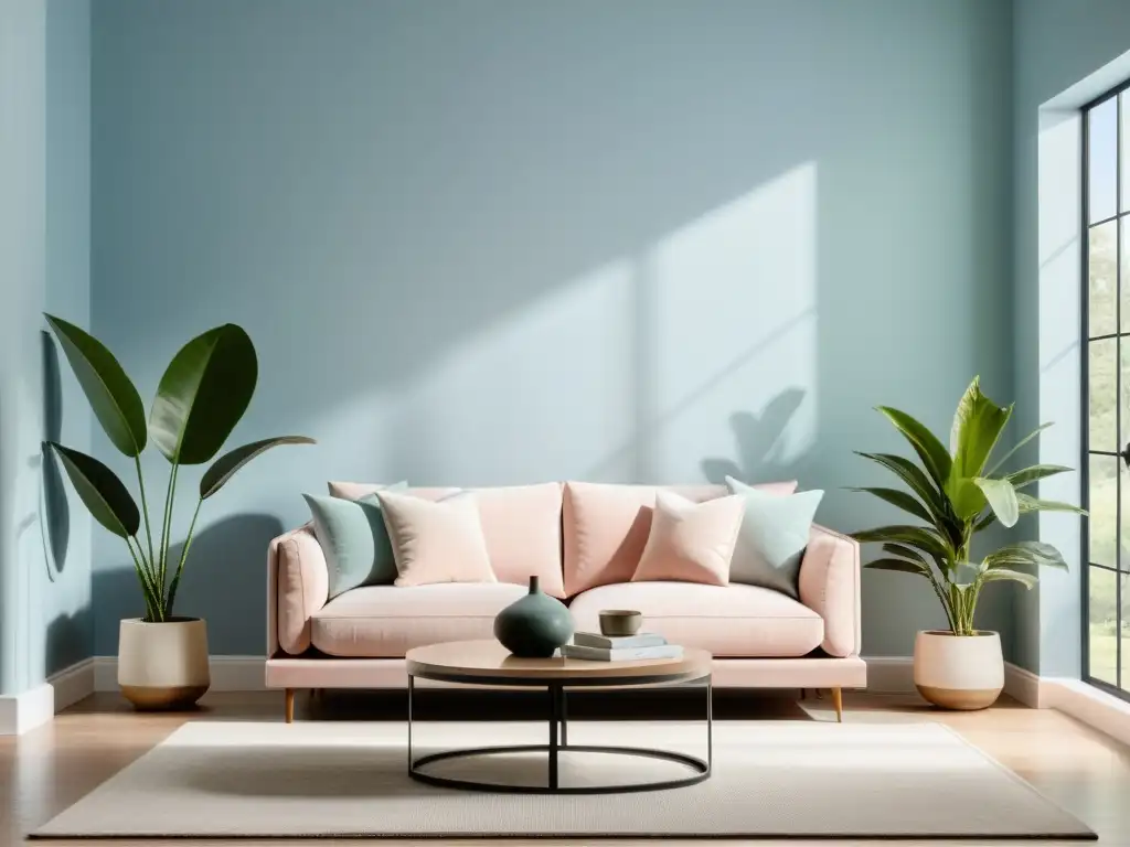 Salón minimalista con paleta de colores en Feng Shui, tonos suaves y sensación de armonía y tranquilidad