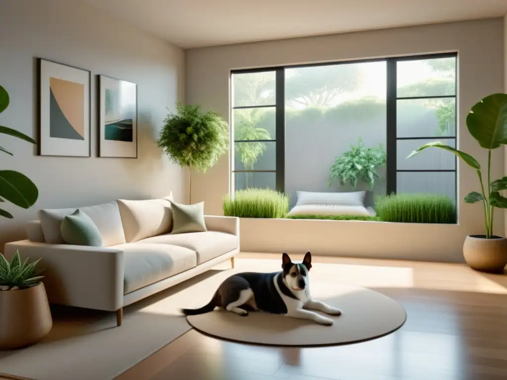 Un salón minimalista con paleta de colores suaves y armonía, ideal para practicar Feng Shui para mascotas en casa