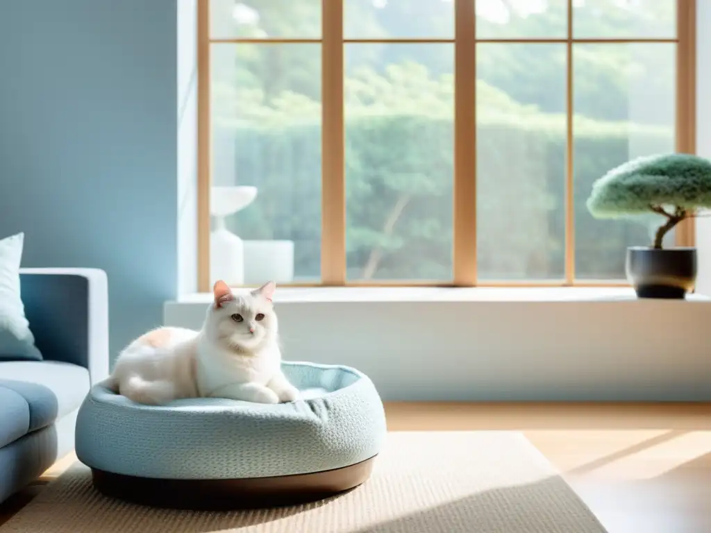 Un salón minimalista con una paleta de colores suaves en tonos azules y blancos