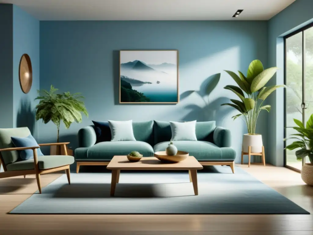 Salón minimalista con paleta de colores suaves, decoración cuidadosa y elementos naturales