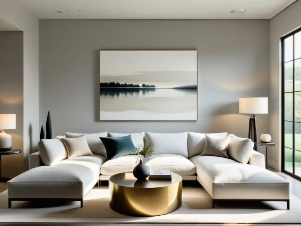 Salón minimalista con paleta neutra y psicología del color en feng shui