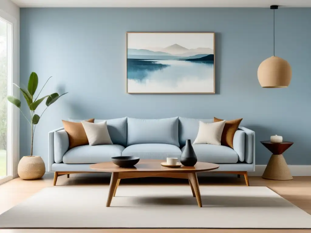 Salón minimalista con paleta neutra y pared azul calmante, sofá gris, mesa de madera y arte abstracto