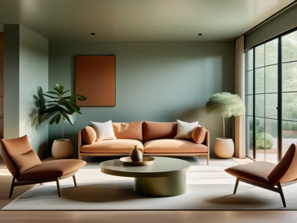 Un salón minimalista con paletas de colores Feng Shui, iluminado por luz natural, muebles simples y armonía tranquila