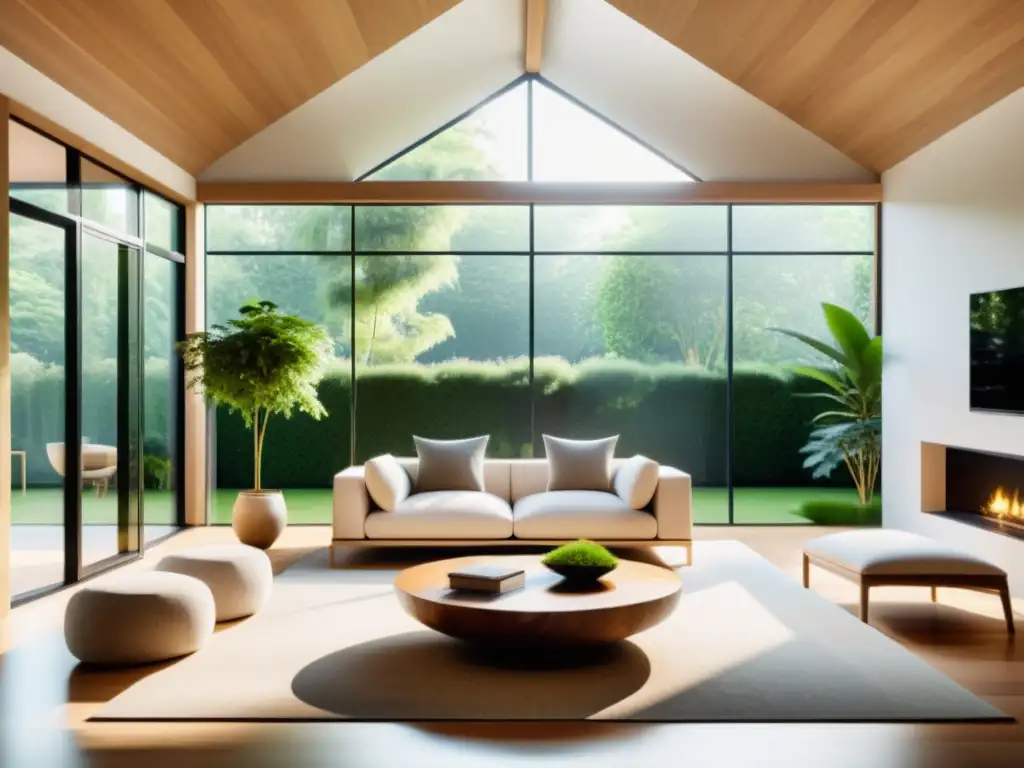 Salón minimalista con Feng Shui para la permacultura doméstica, iluminado por la luz natural y vistas al jardín exuberante