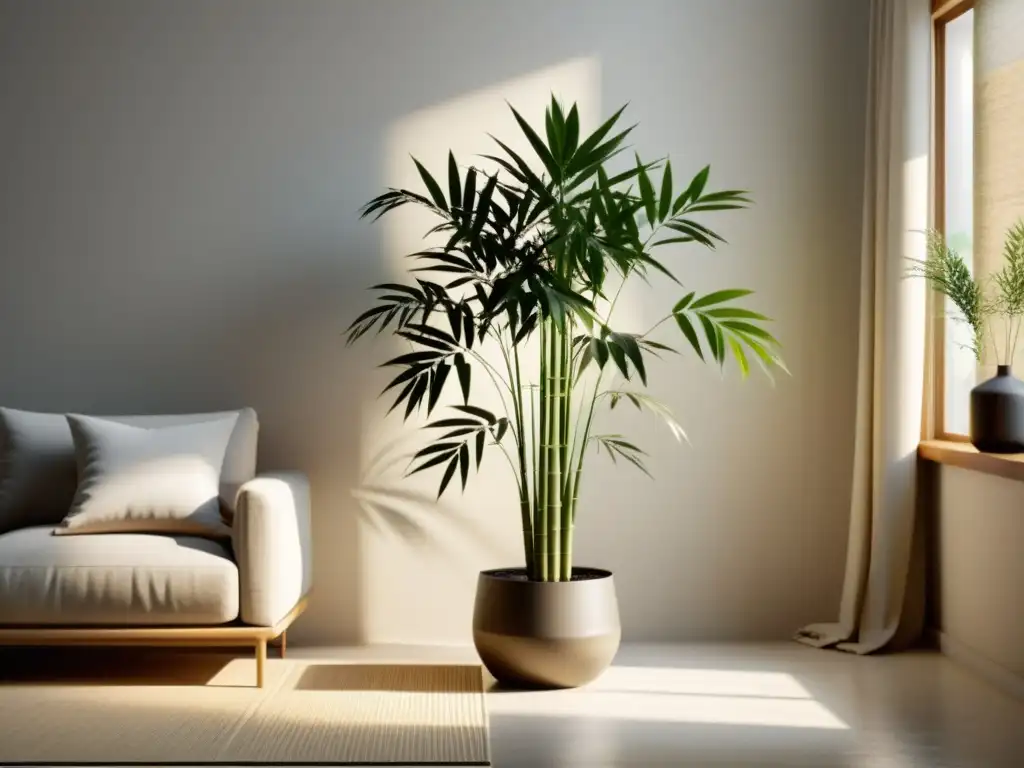 Salón minimalista con planta de bambú como punto focal, iluminado por luz natural