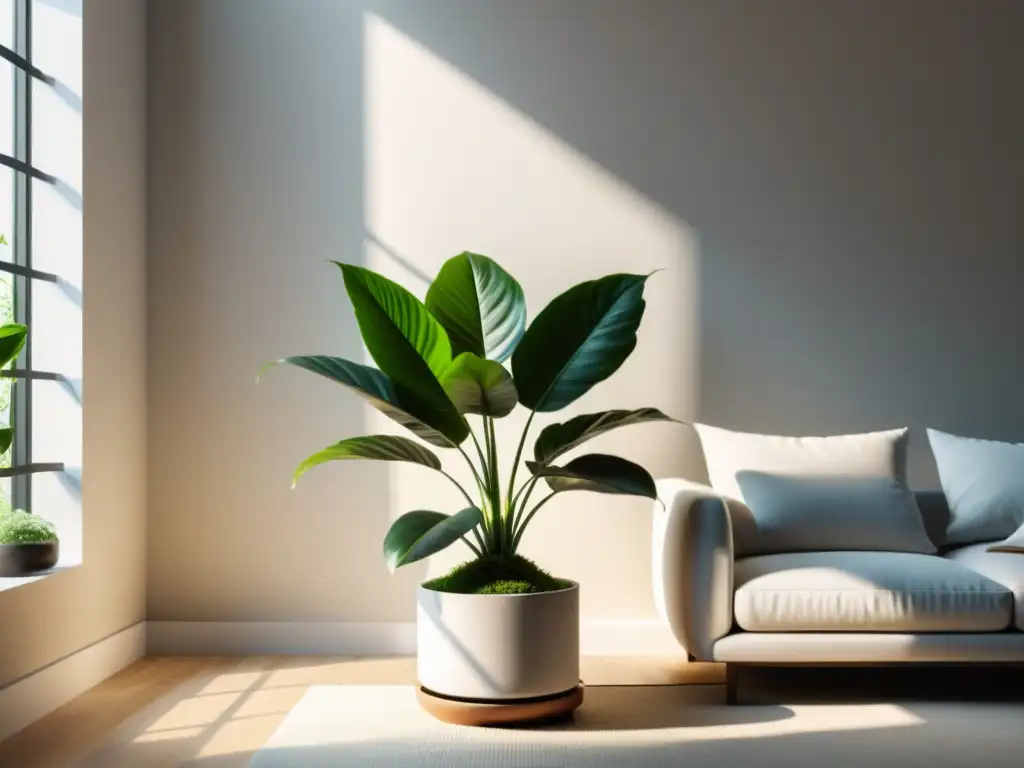 Un salón minimalista con planta verde exuberante en un ambiente armonioso y tranquilo, siguiendo principios de Feng Shui