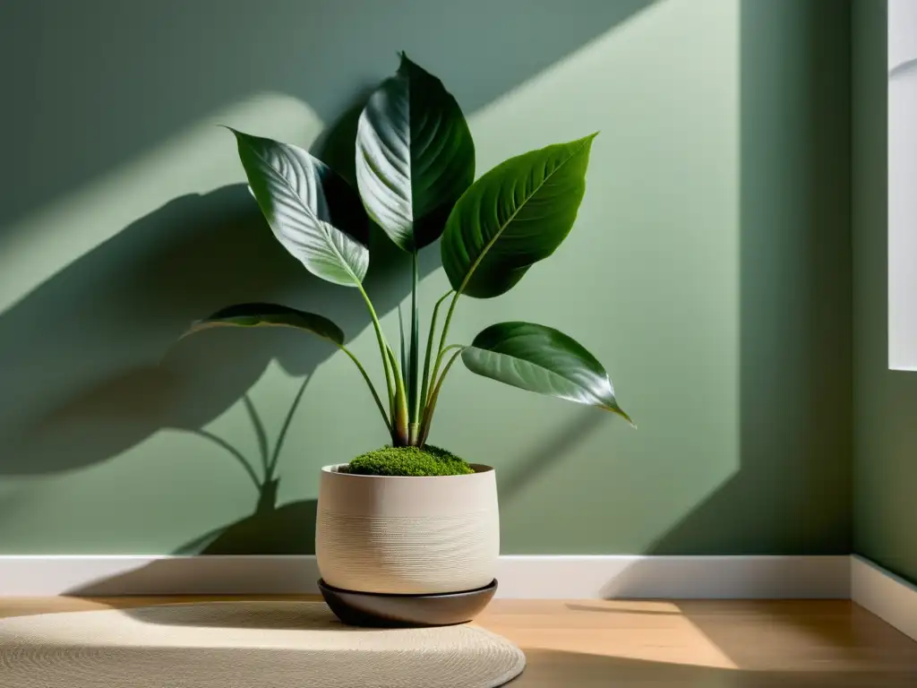 Salón minimalista con planta verde en maceta elegante cerca de la ventana, creando armonía y paz con el Feng Shui plantas interiores