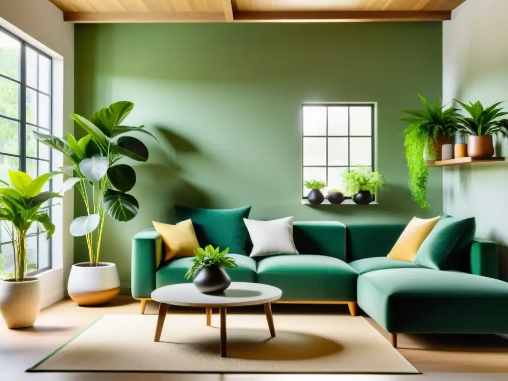 Salón minimalista con plantas para armonizar Feng Shui, creando un ambiente sereno y equilibrado