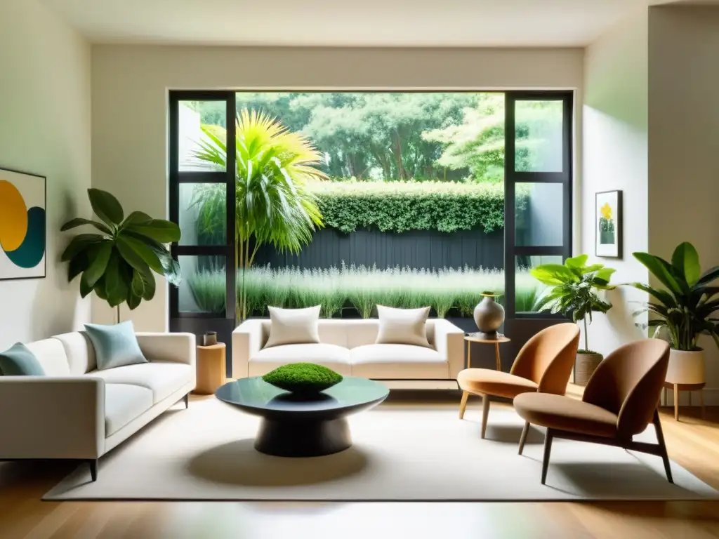 Un salón minimalista con plantas Feng Shui que equilibran la armonía del hogar