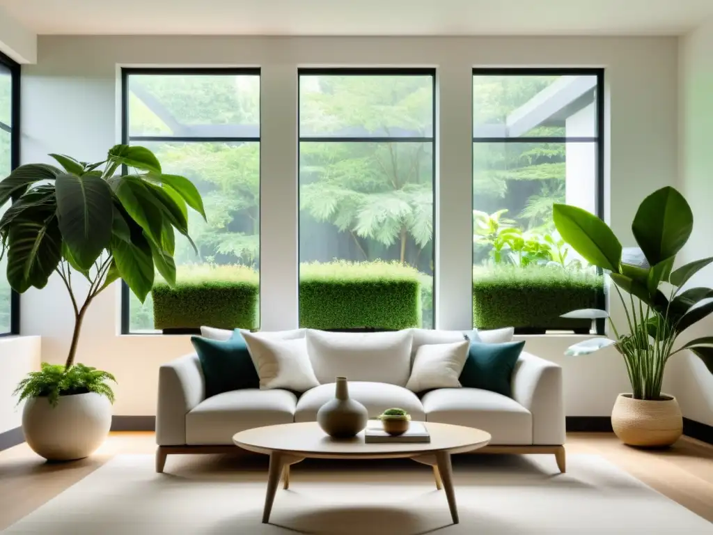 Salón minimalista con plantas de interior según principios Feng Shui, creando armonía y equilibrio