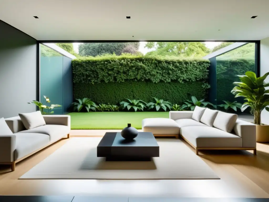 Salón minimalista con plantas para potenciar el Chi, iluminado por luz natural y vistas al jardín