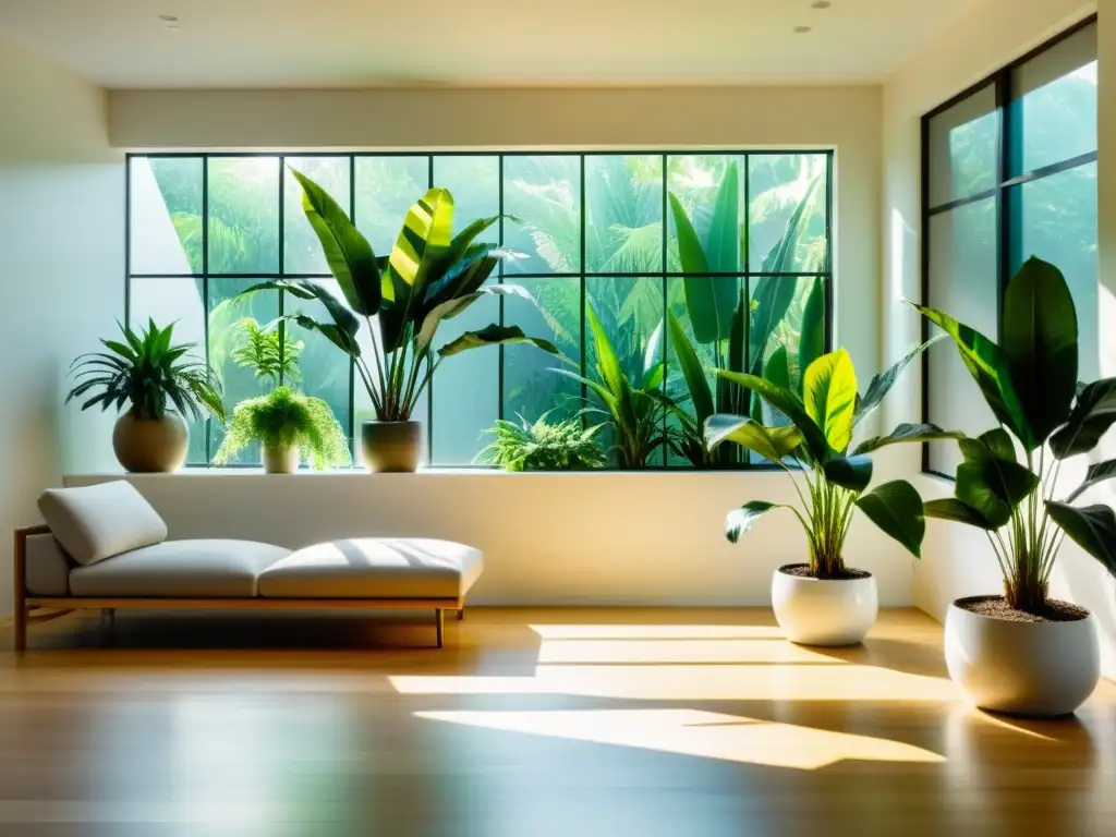 Un salón minimalista con plantas para potenciar el Chi, iluminado por el sol y lleno de serenidad y armonía