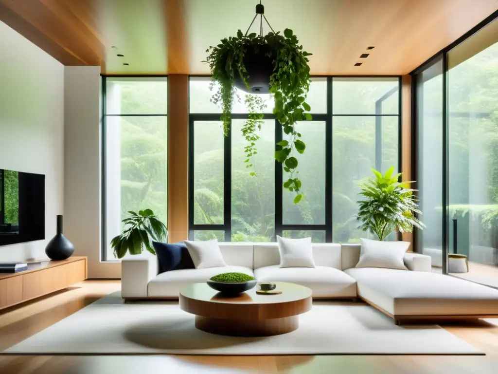 Salón minimalista con plantas colgantes para armonía Feng Shui