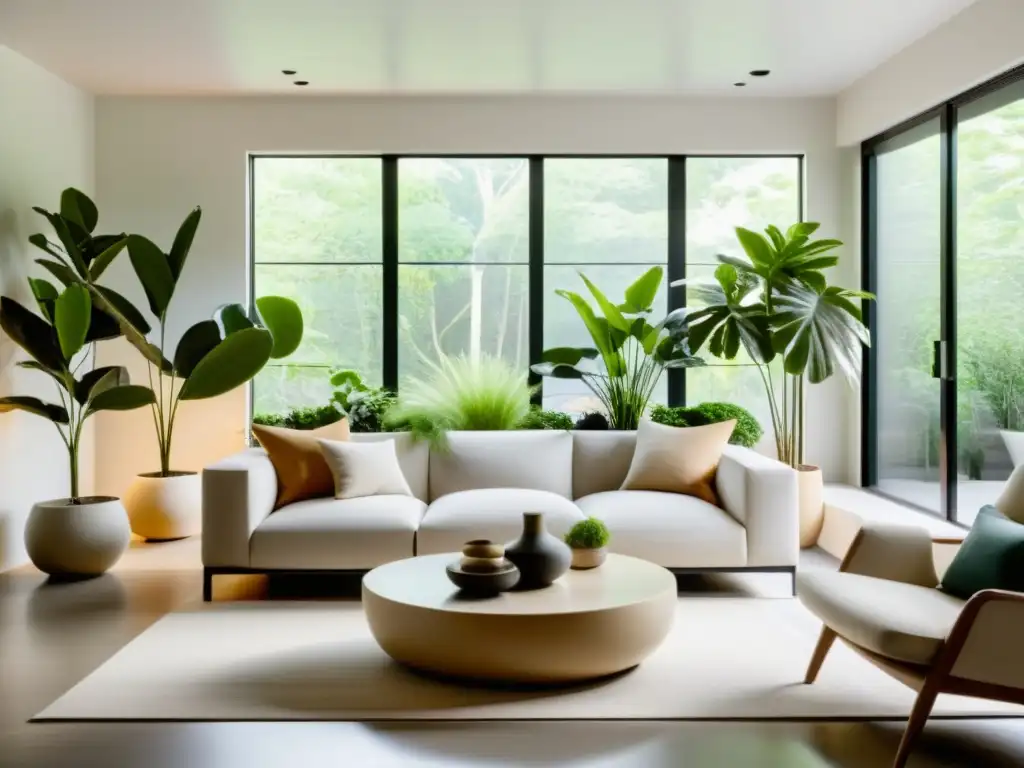 Salón minimalista con plantas estratégicamente colocadas para armonía y calma, siguiendo los principios de Feng Shui