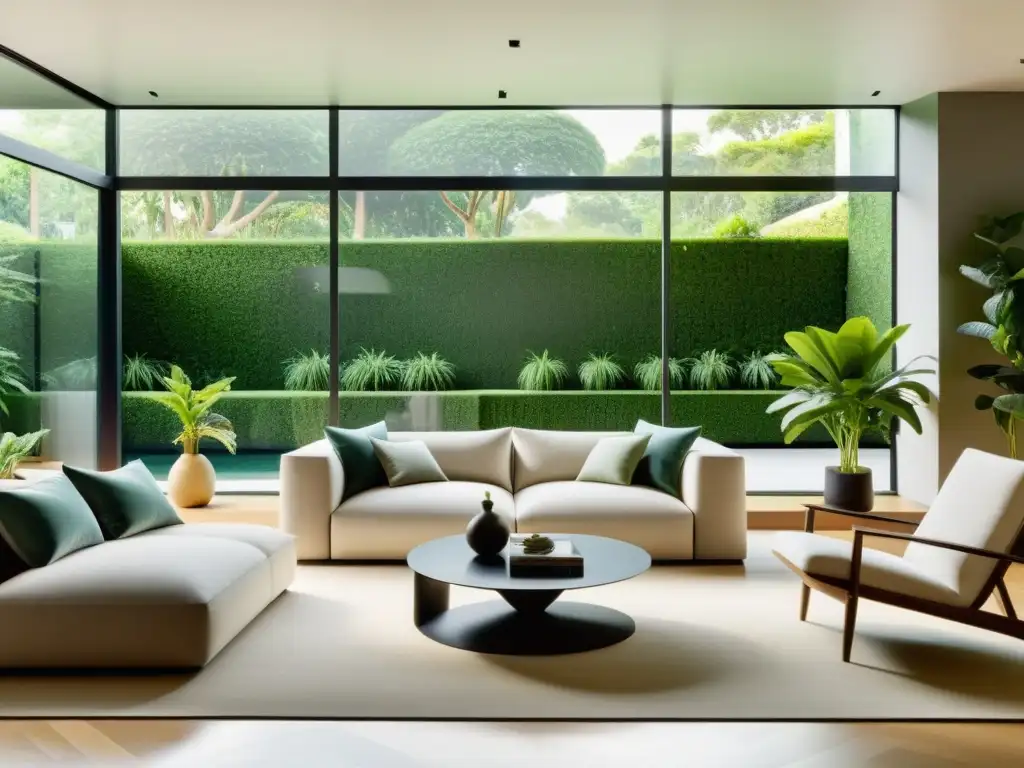 Salón minimalista con plantas que purifican la energía de la casa y crean armonía con la naturaleza