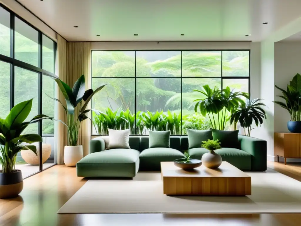 Salón minimalista con plantas para equilibrio Feng Shui, inundado de luz natural y paz