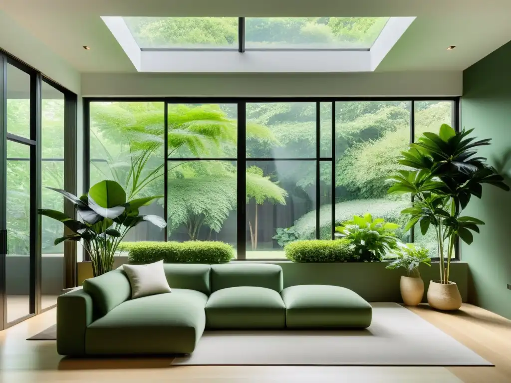 Un salón minimalista con plantas de interior Feng Shui que aportan equilibrio y armonía