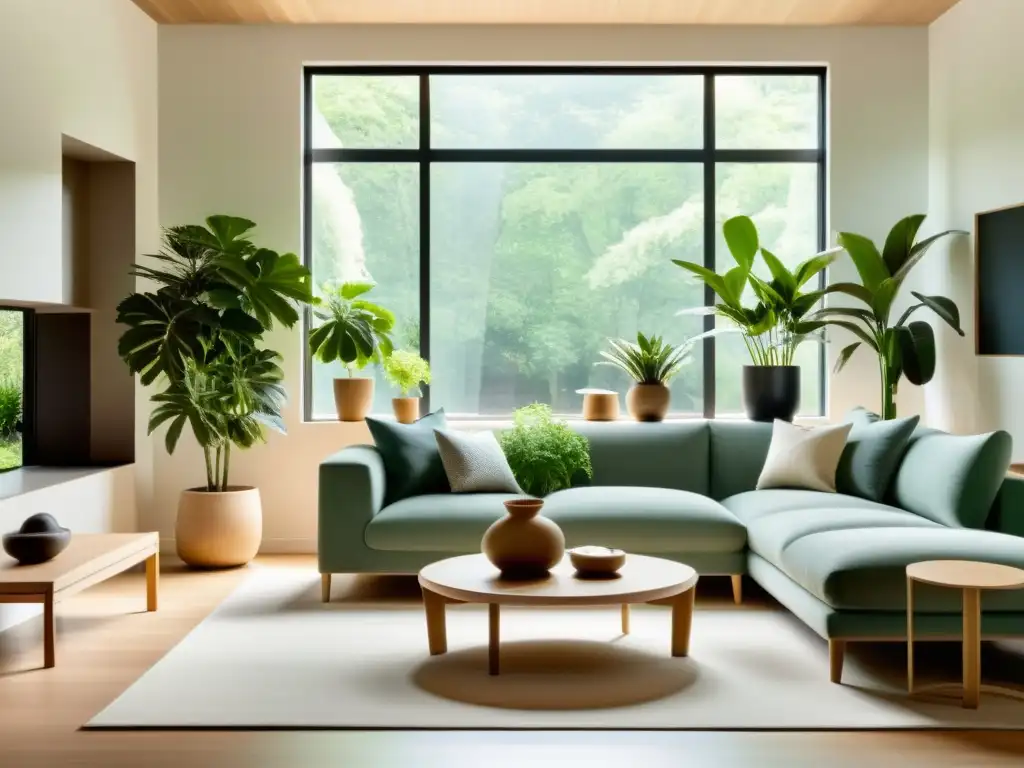 Salón minimalista con plantas para armonizar hogar Feng Shui, iluminado por luz natural a través de ventana grande