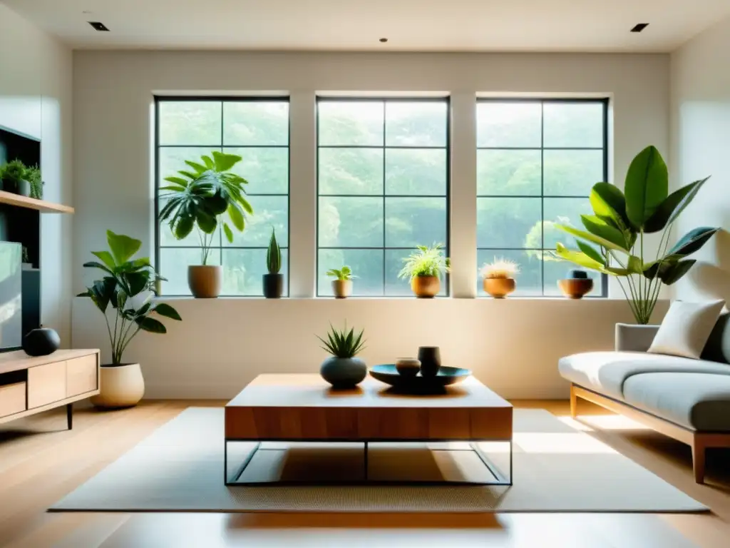 Salón minimalista con plantas Feng Shui para equilibrar el hogar, inundado de luz natural y armonía