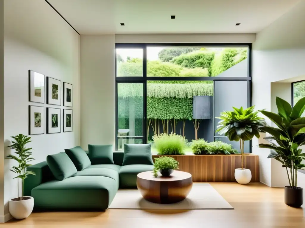 Salón minimalista con plantas de Feng Shui para atraer prosperidad