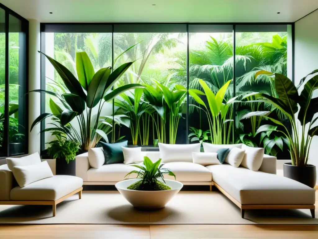 Salón minimalista con plantas purificadoras, feng shui y mascotas, bañado por luz natural y armonía