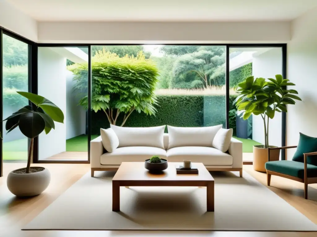 Salón minimalista con plantas, ventana y armonía Feng Shui