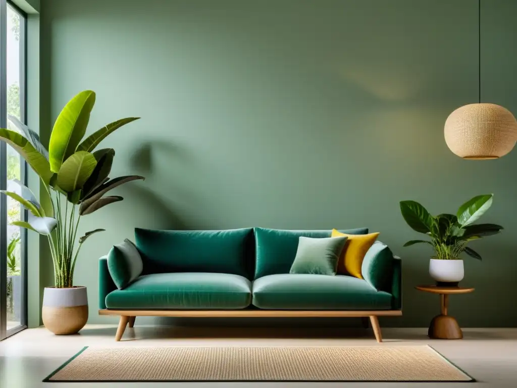 Un salón minimalista con plantas vibrantes y saludables, siguiendo principios de Feng Shui