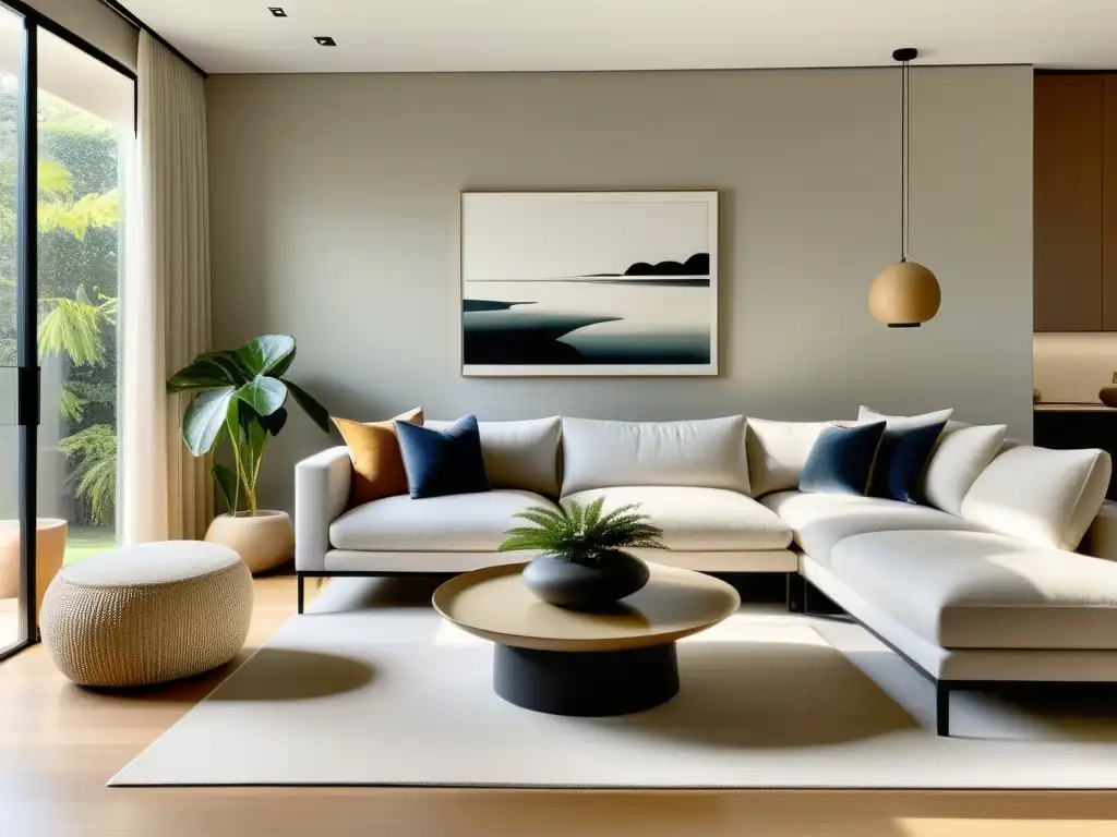 Salón minimalista con principios básicos de arte y colocación feng shui, muebles y decoración en tonos neutros, armonía y tranquilidad