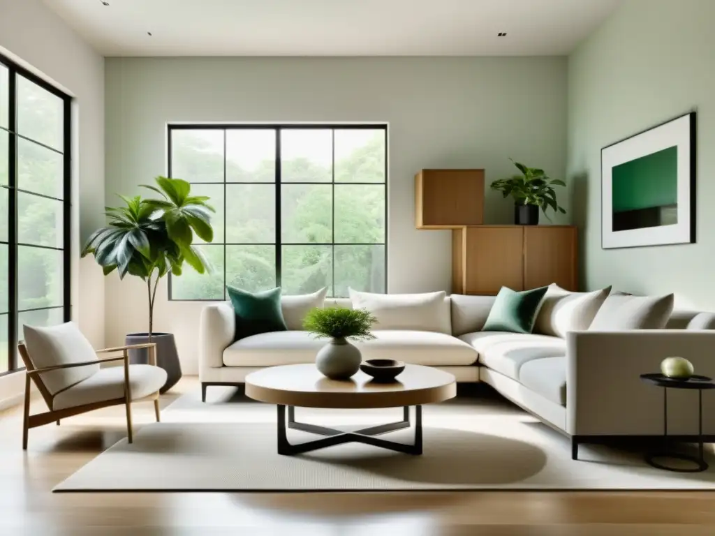 Salón minimalista con principios básicos de arte de colocación Feng Shui, equilibrio y tranquilidad