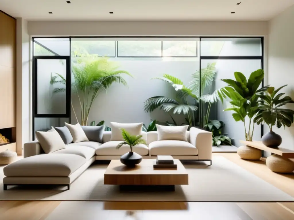 Salón minimalista con principios de Feng Shui para hogar, muebles neutros y armonía en la decoración