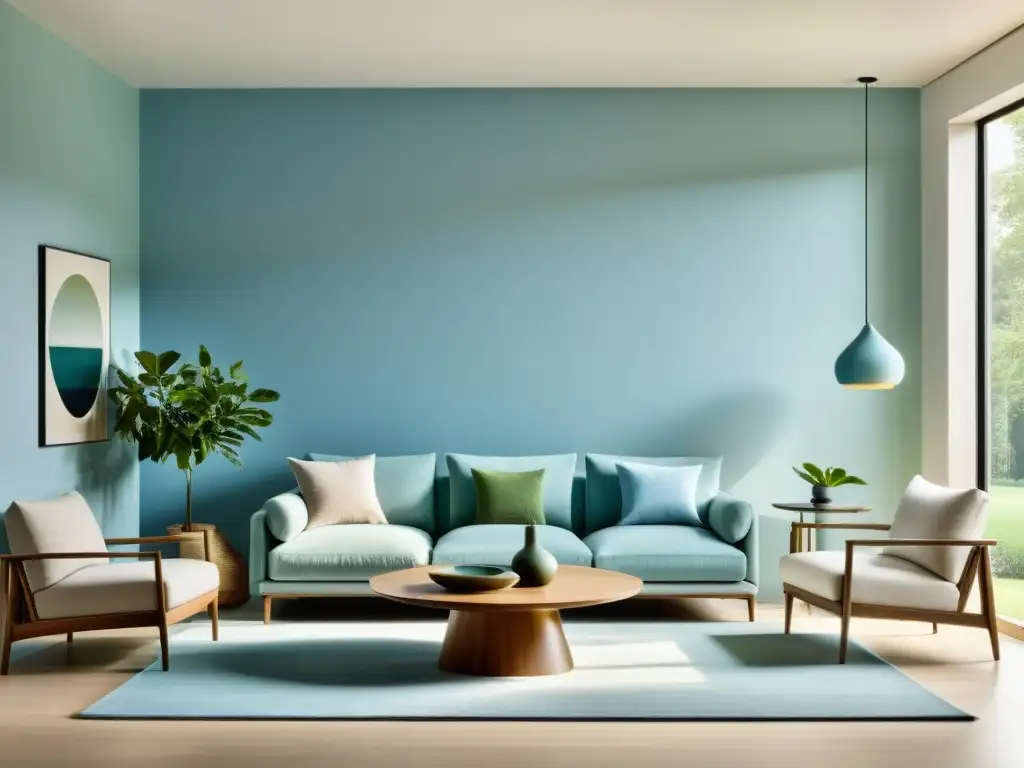 Salón minimalista con psicología del color en Feng Shui: armonía y tranquilidad en tonos suaves de azul y verde, mobiliario moderno y espacioso