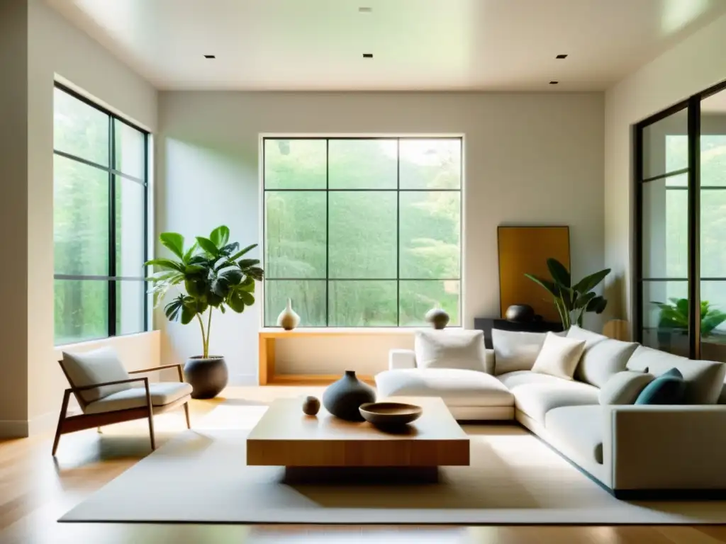 Salón minimalista con puntos de bloqueo energético Feng Shui, armonía y tranquilidad en la decoración