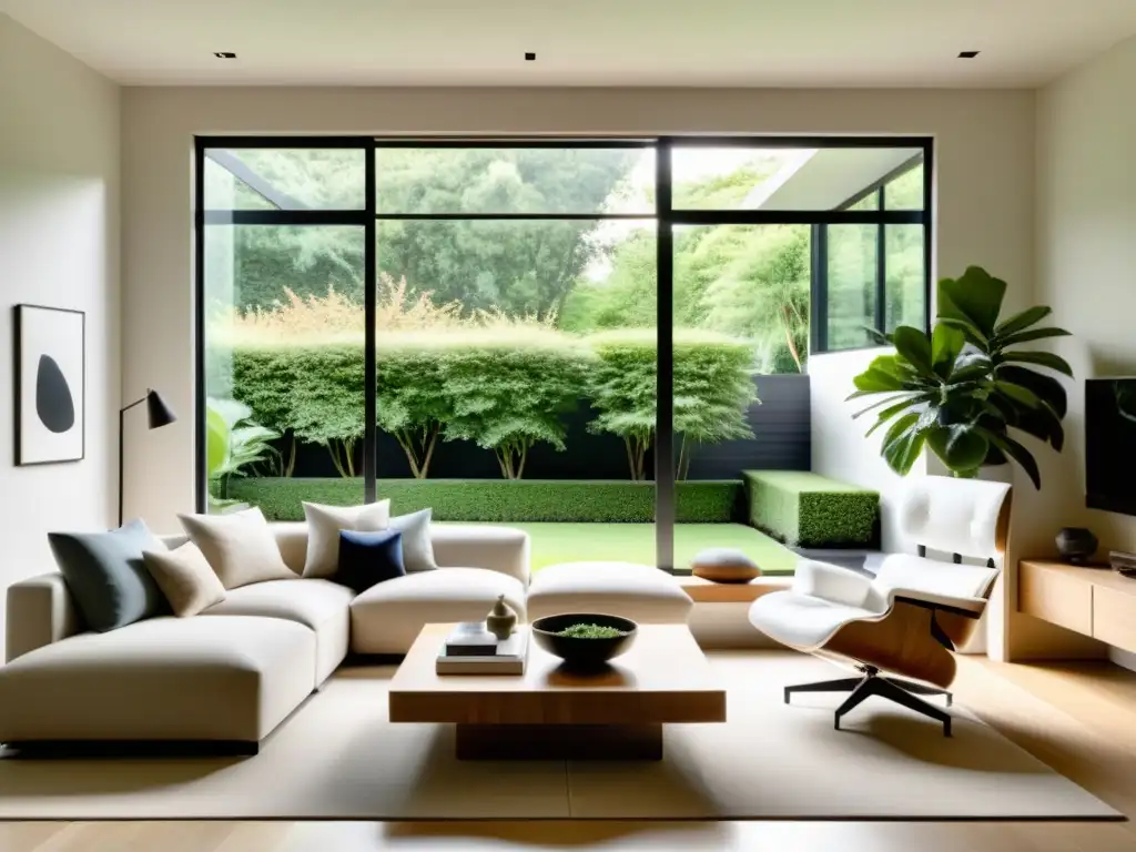 Salón minimalista con Feng Shui en diseño resiliente, armonía y equilibrio, integrando la naturaleza y la luz natural