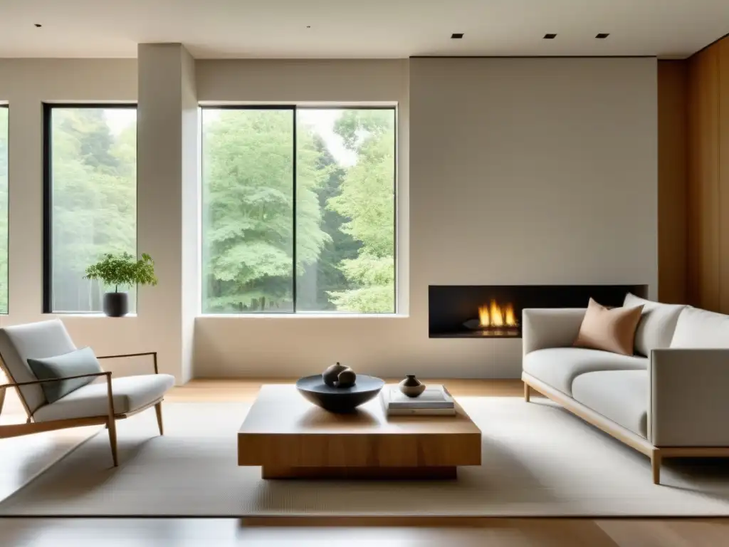 Salón minimalista con serenidad en Feng Shui: tonos neutros, líneas limpias, luz natural y armonía