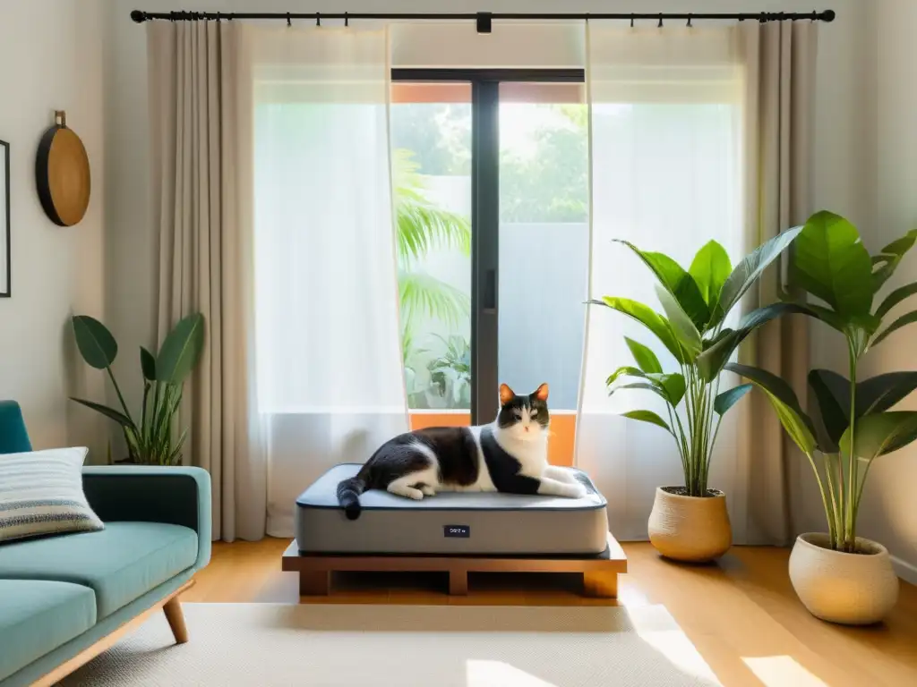 Un salón minimalista y sereno con armonía, luz natural y mascotas felices, perfecto para aplicar el Feng Shui para mascotas en casa