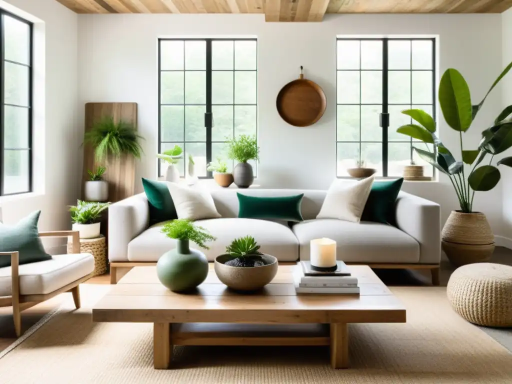 Un salón minimalista y sereno, con decoración reciclada cuidadosamente seleccionada y un equilibrado diseño de feng shui para reciclaje consciente