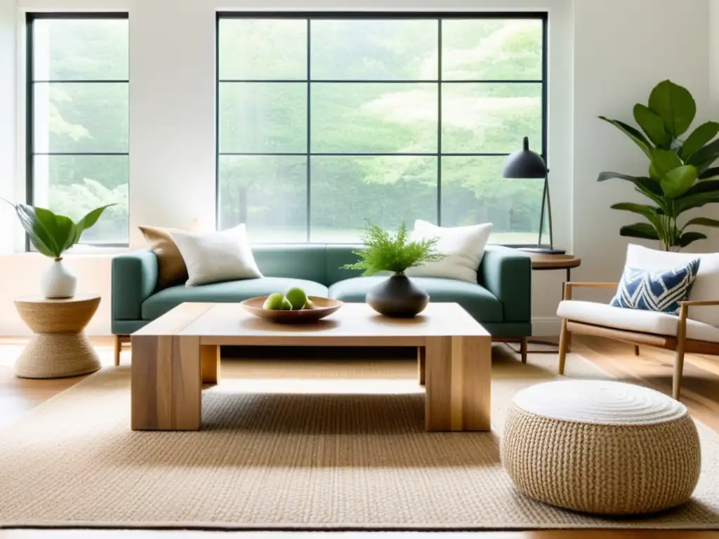 Un salón minimalista y sereno con diseño de espacios con Feng Shui y reciclaje, iluminado por luz natural y muebles modernos