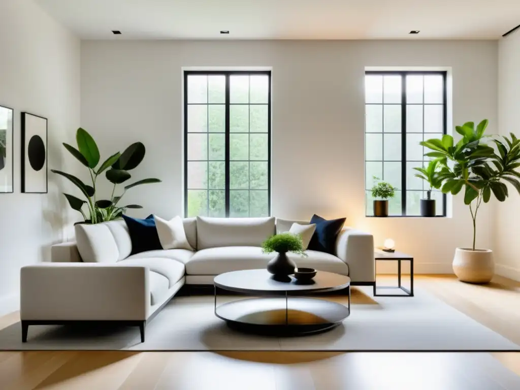 Salón minimalista y sereno con diseño moderno, integrando Feng Shui, minimalismo y tecnología