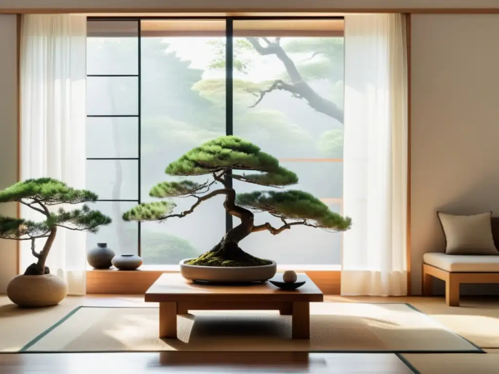 Un salón minimalista y sereno con elementos naturales, luz suave y principios básicos del Feng Shui