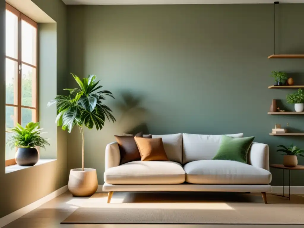 Salón minimalista y sereno con elementos de feng shui, psicología del color en feng shui reflejada en tonos suaves y armoniosos