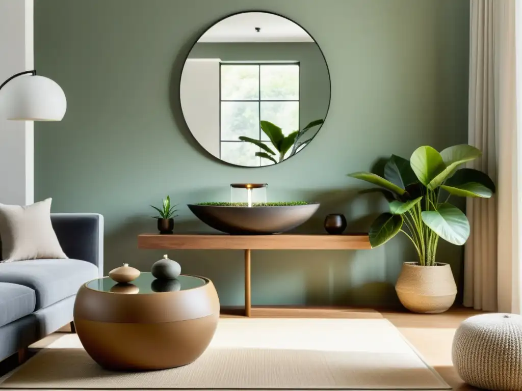 Un salón minimalista y sereno con elementos de Feng Shui: fuente de agua, plantas, espejo y jardín Zen