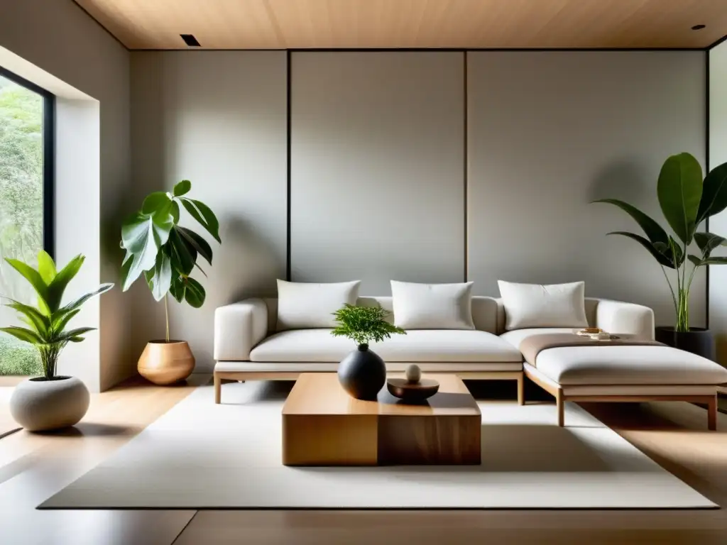 Un salón minimalista y sereno con elementos decorativos inspirados en el feng shui, creando un ambiente de tranquilidad y equilibrio