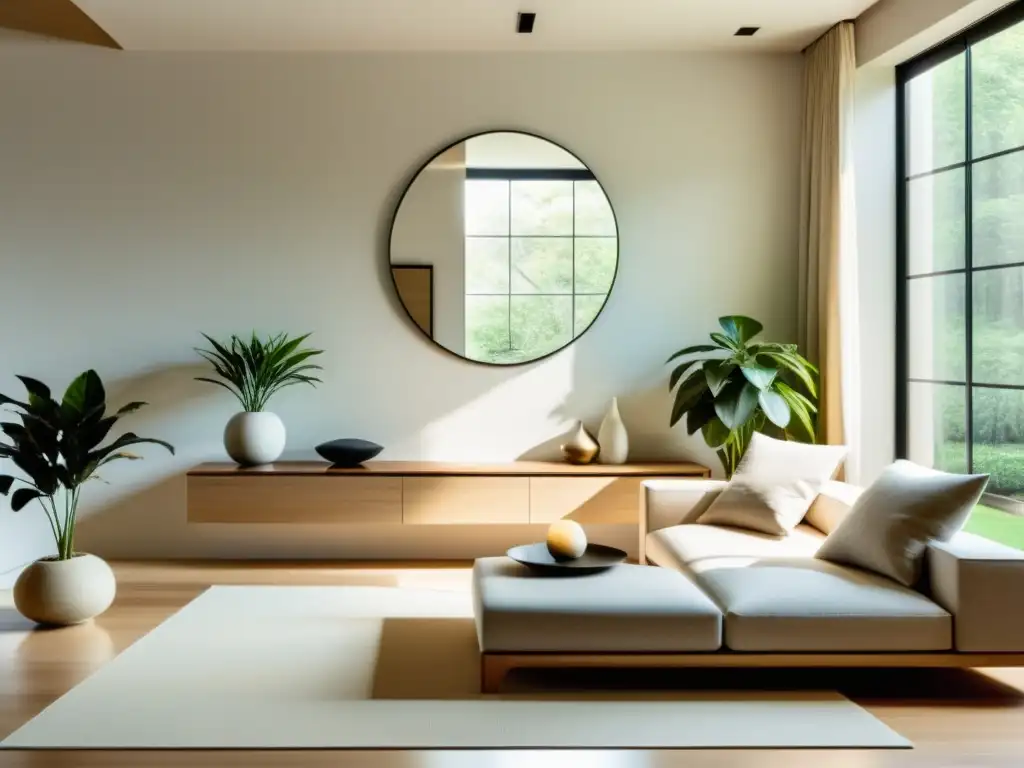 Un salón minimalista y sereno con elementos de Feng Shui promoviendo equilibrio y armonía