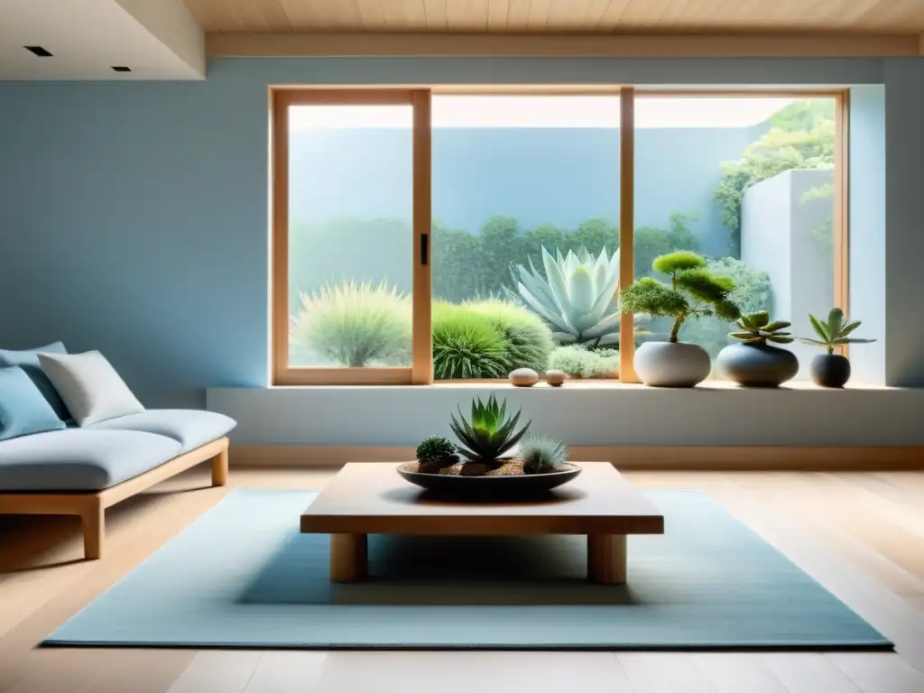 Un salón minimalista y sereno con elementos de Feng Shui