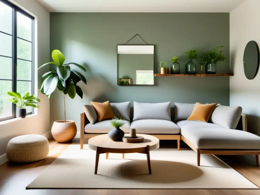 Un salón minimalista y sereno con Feng Shui, elementos reciclados y mucha luz natural