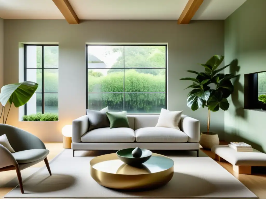 Salón minimalista y sereno con elementos de feng shui para diseño hogar, promoviendo calma y armonía