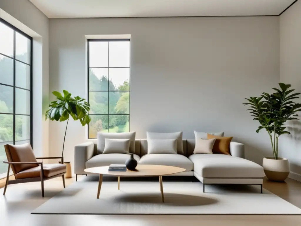 Un salón minimalista y sereno con equilibrio de muebles, luz natural y toque de naturaleza