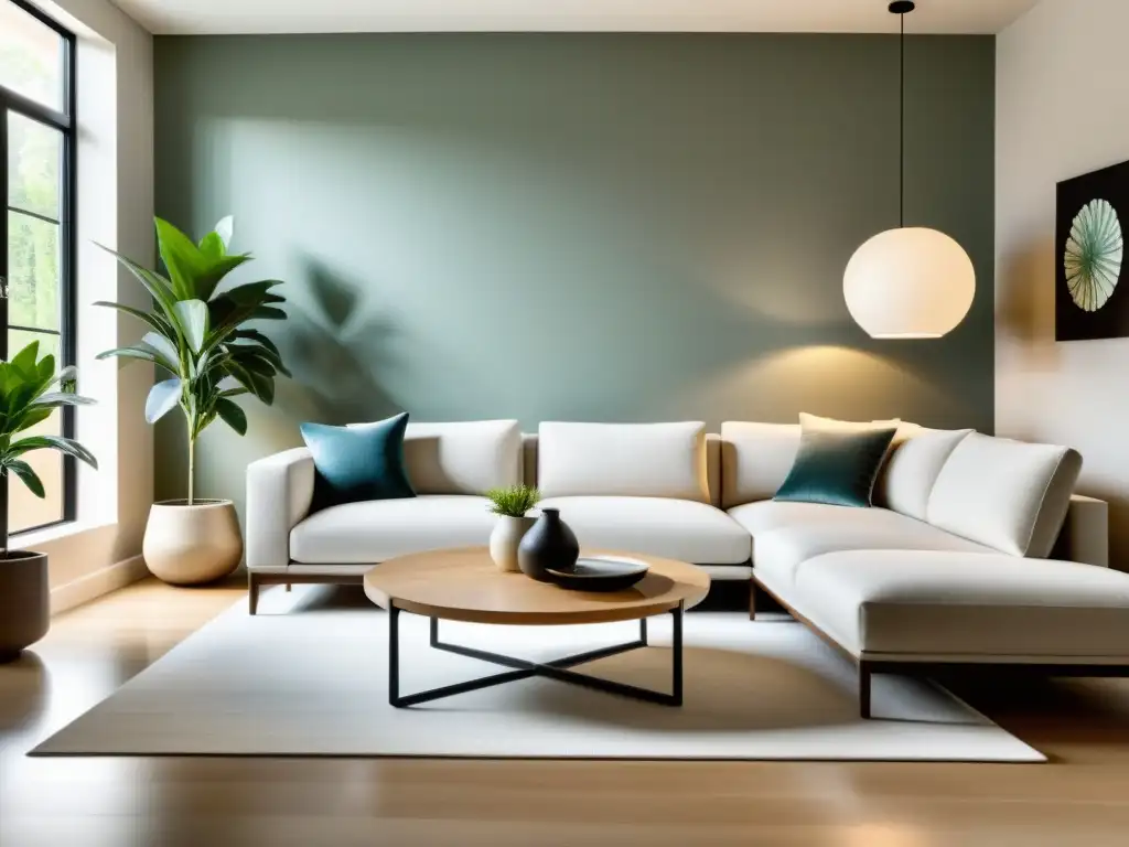 Un salón minimalista y sereno con equilibrio Feng Shui en la era digital, con colores neutros y luz natural, fusionando armonía y tecnología