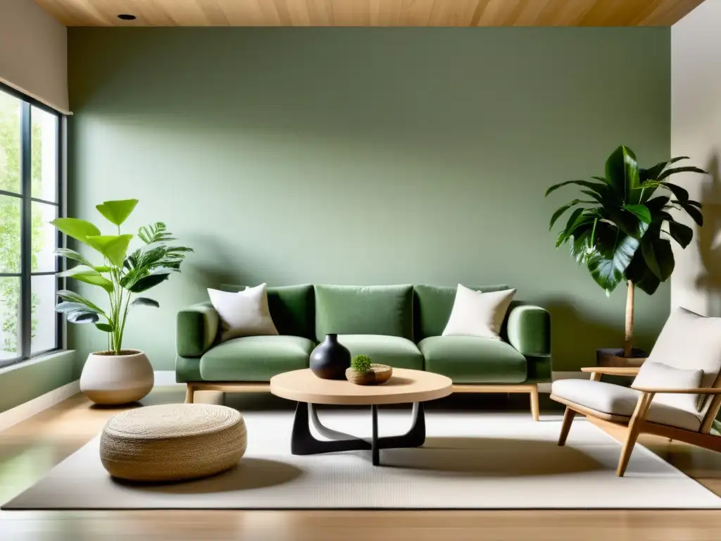 Salón minimalista sereno con equilibrio de muebles, plantas y luz suave, inspirando armonía y tranquilidad